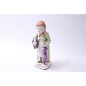 Old Lady with an Umbrella Carrying a Basket, Porcelain Figurine, 7 inches,